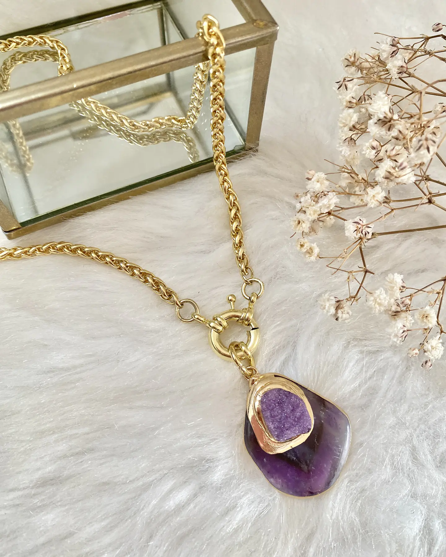 Collar Colgante Amatista y Drusa eslabones trigo gold   6