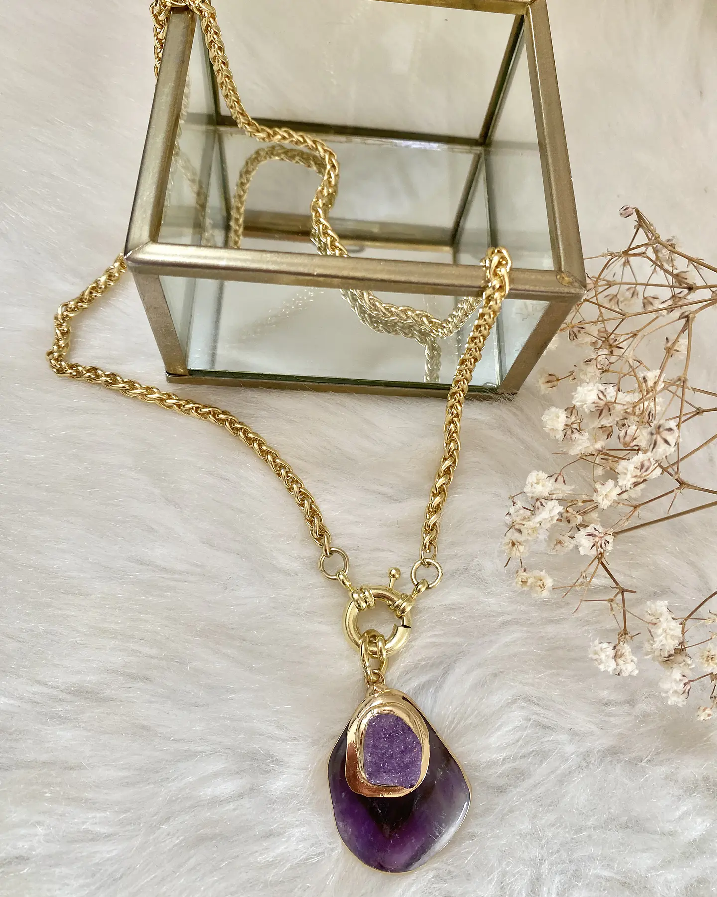 Collar Colgante Amatista y Drusa eslabones trigo gold   7
