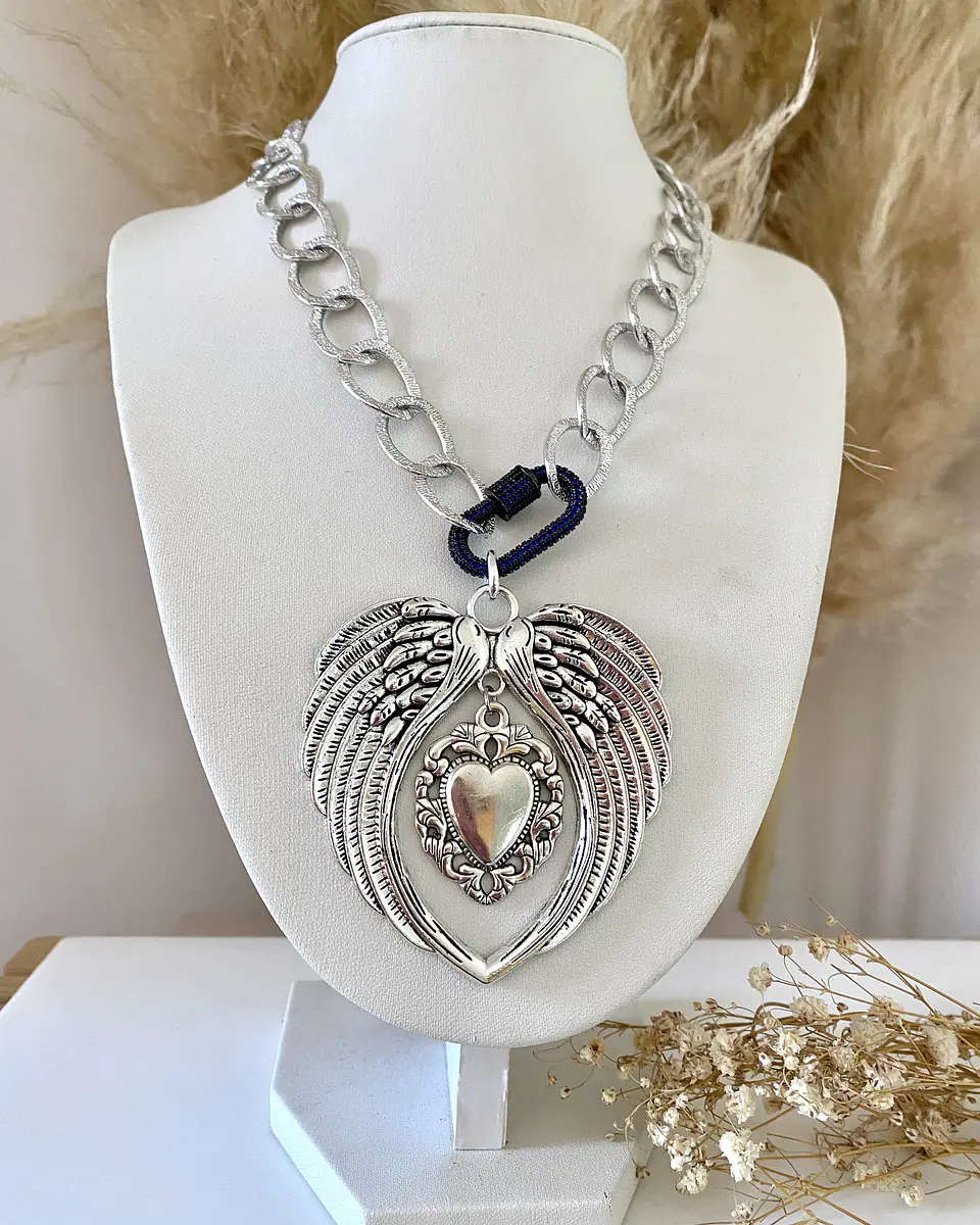 Collar Maxi Alas Corazon Sagrado con Maxi eslabones Silver 2