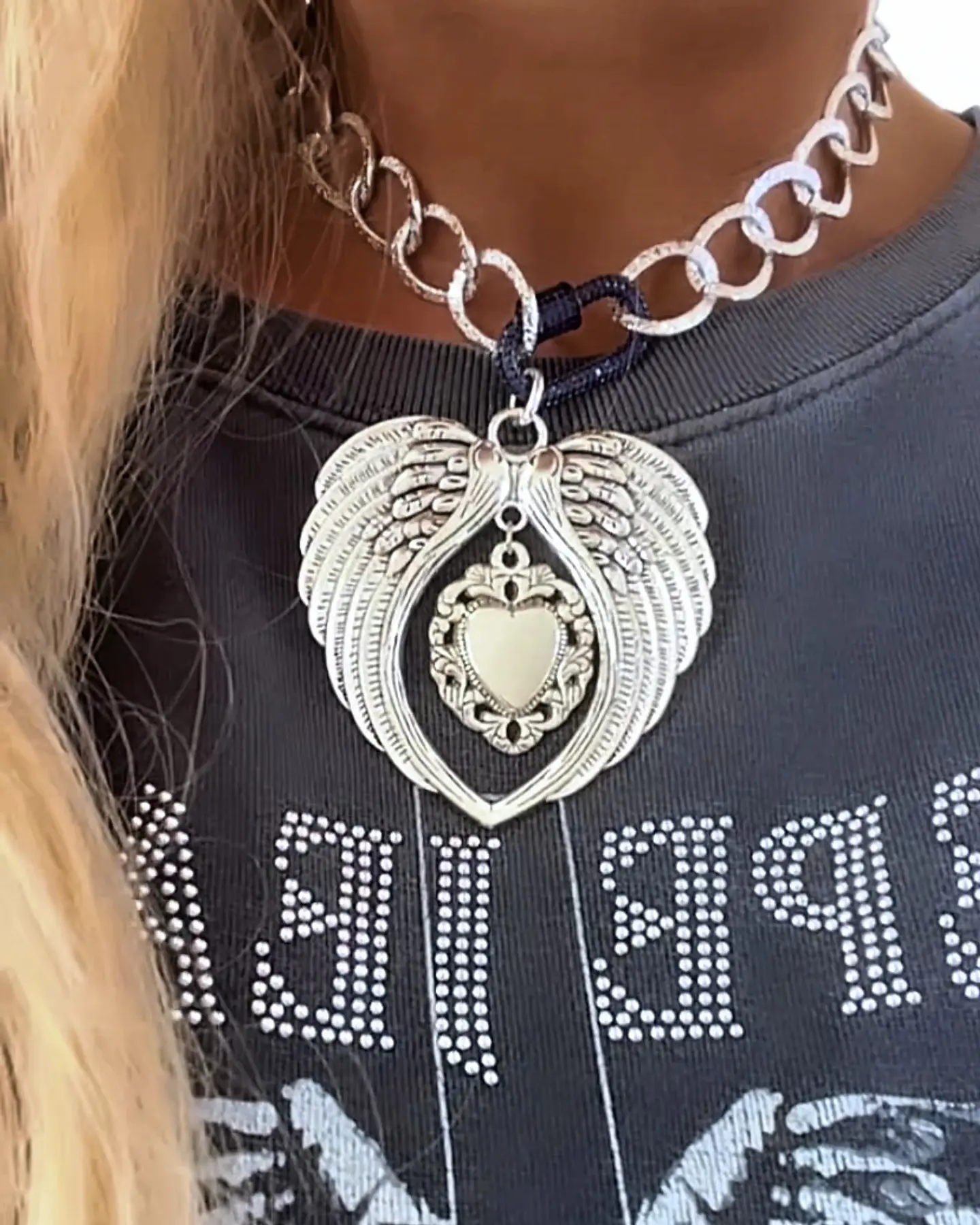 Collar Maxi Alas Corazon Sagrado con Maxi eslabones Silver 8