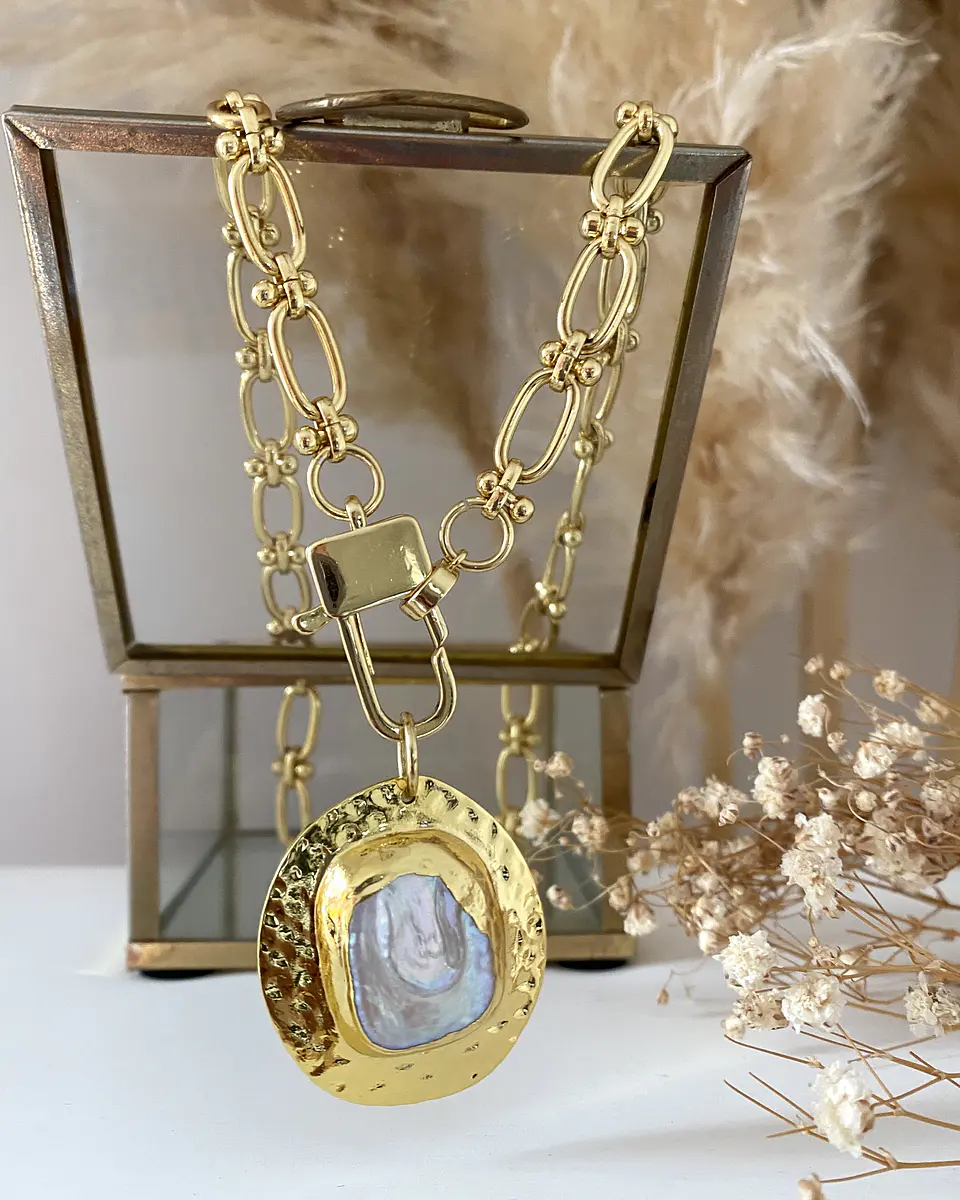 Collar Medalla Martillada Perla eslabones mixtos gold  5
