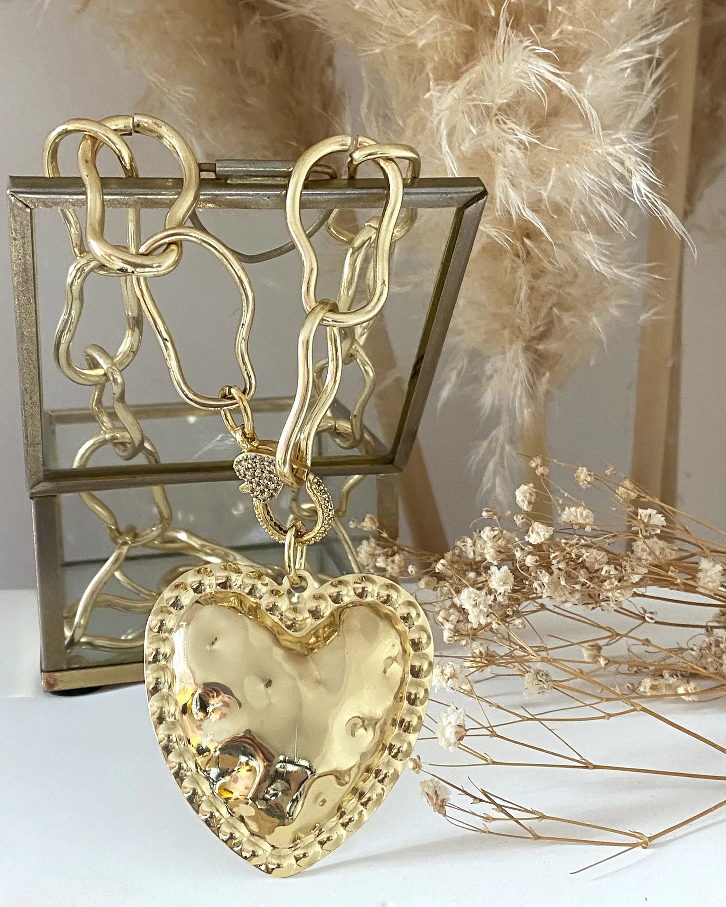 Collar Maxi Corazon Martillado  Eslabones Irregulares Gold 3