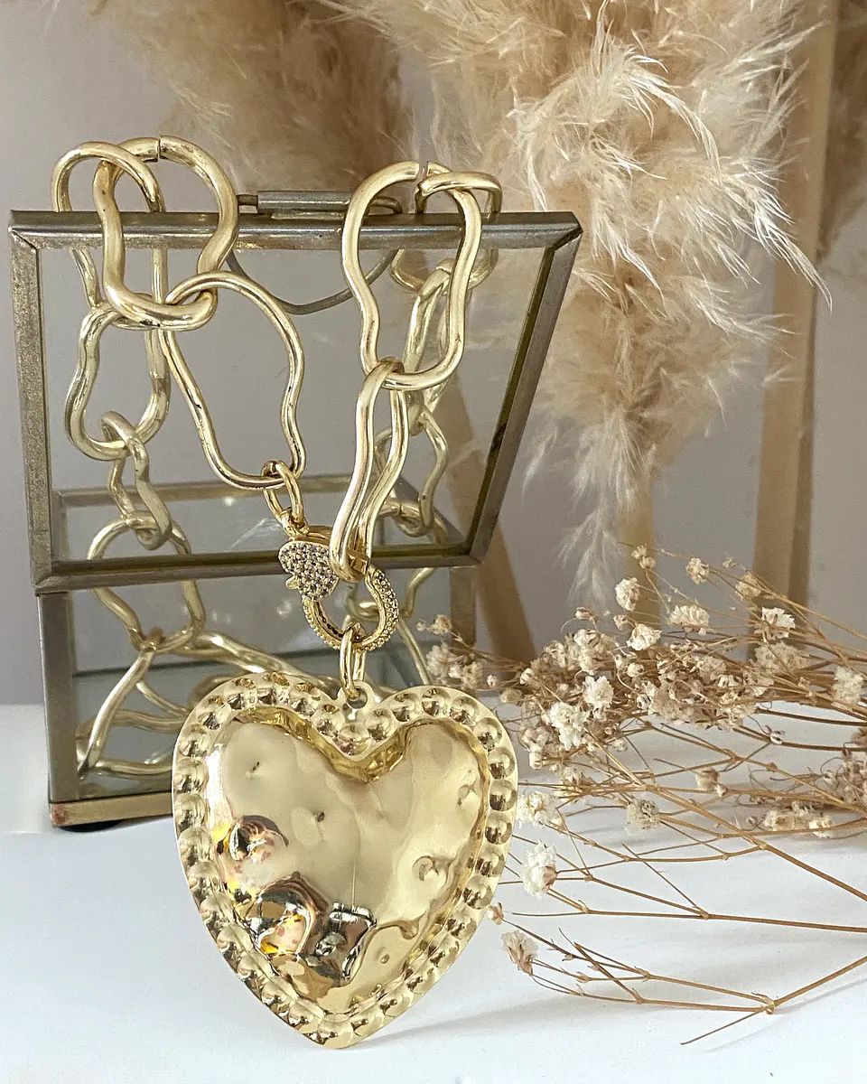 Collar Maxi Corazon Martillado  Eslabones Irregulares Gold 3