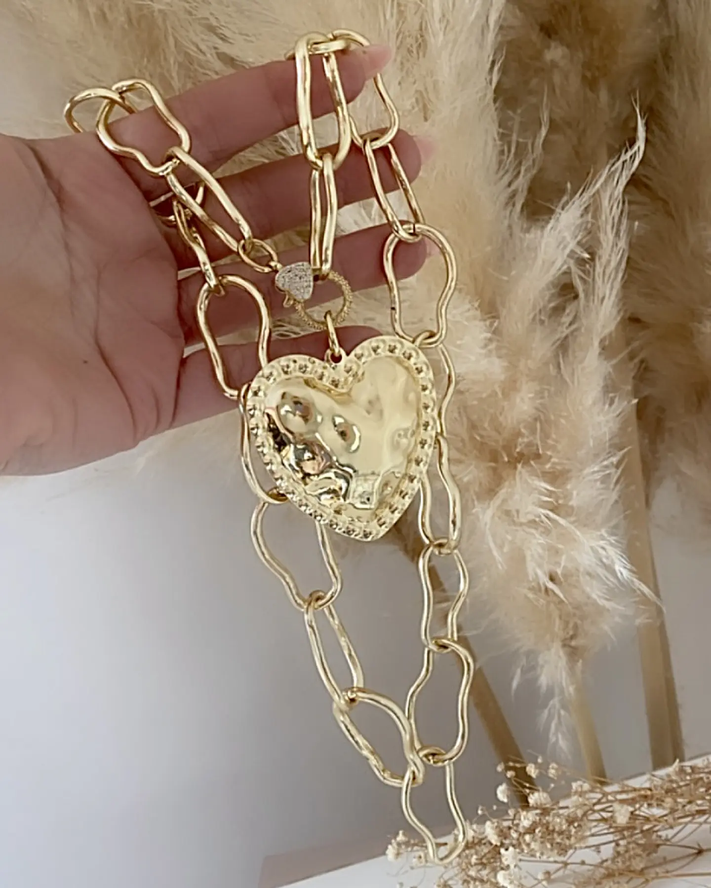 Collar Maxi Corazon Martillado  Eslabones Irregulares Gold 5