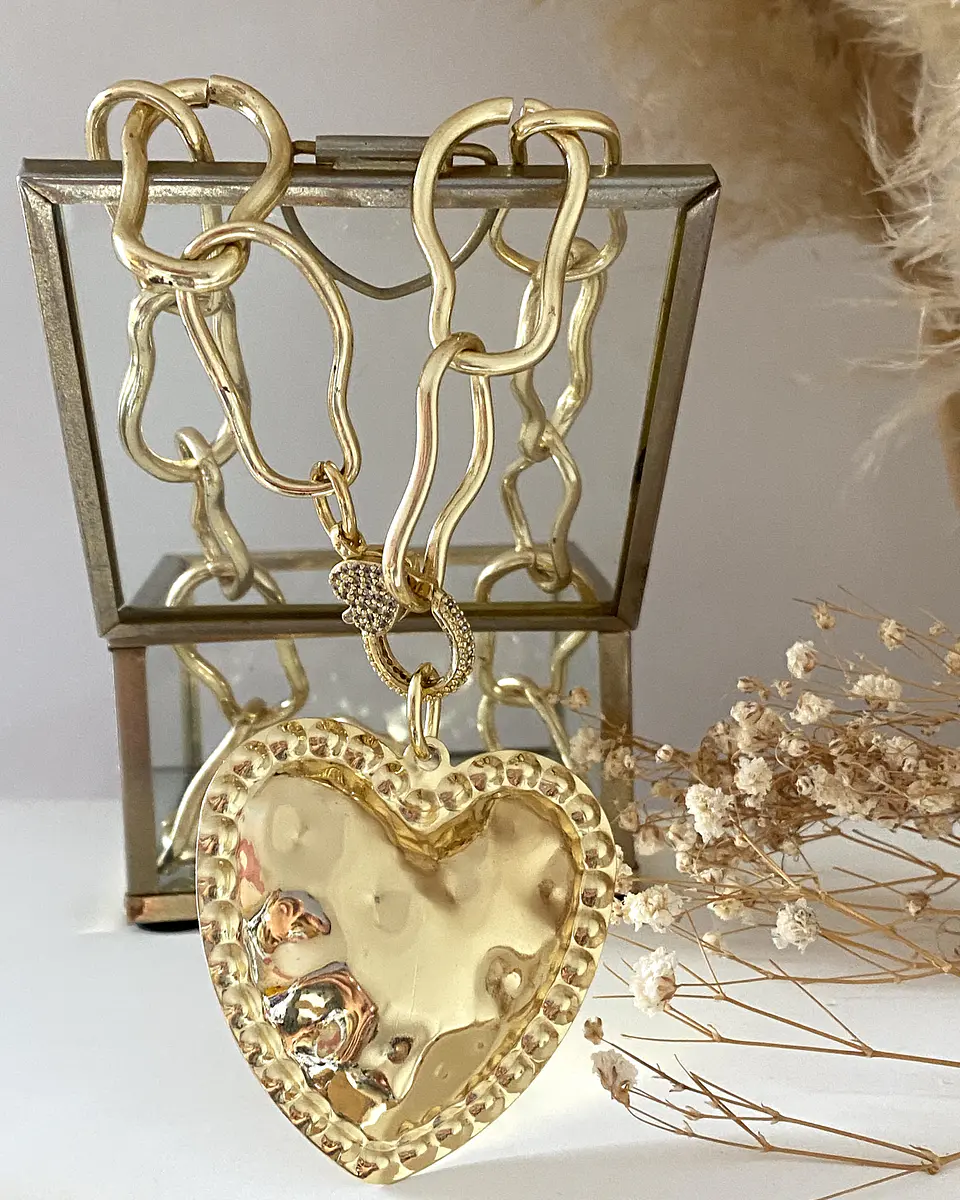 Collar Maxi Corazon Martillado  Eslabones Irregulares Gold 6