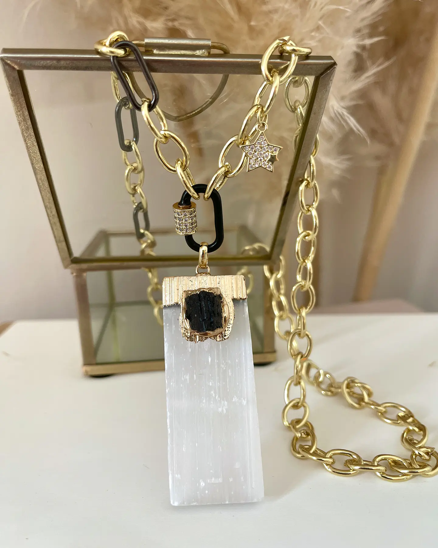 Collar Maxi Colgante Turmalina y Cristal Lunar Gold  2