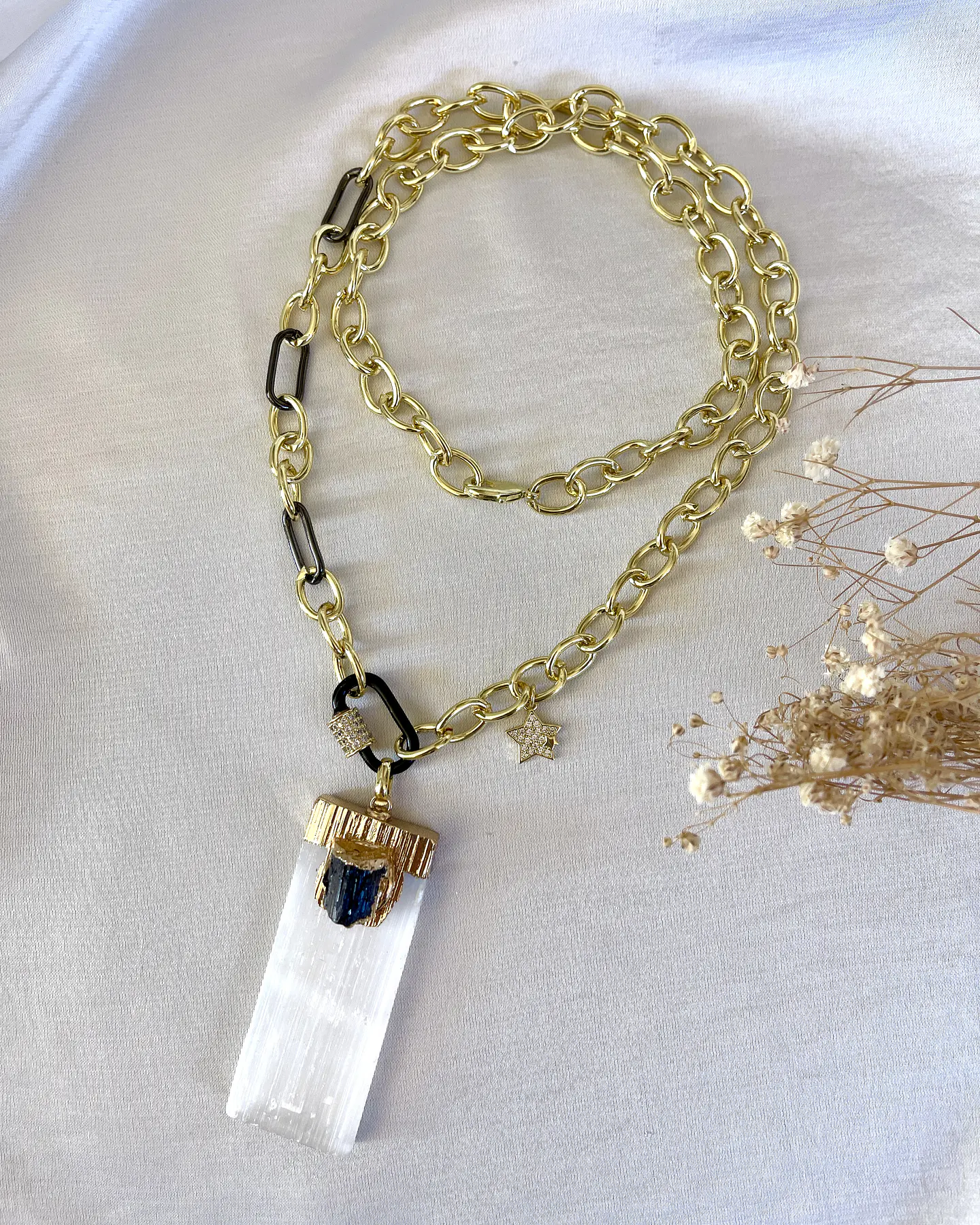 Collar Maxi Colgante Turmalina y Cristal Lunar Gold  5