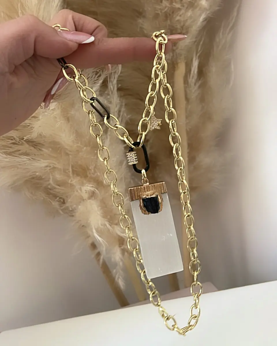 Collar Maxi Colgante Turmalina y Cristal Lunar Gold  10