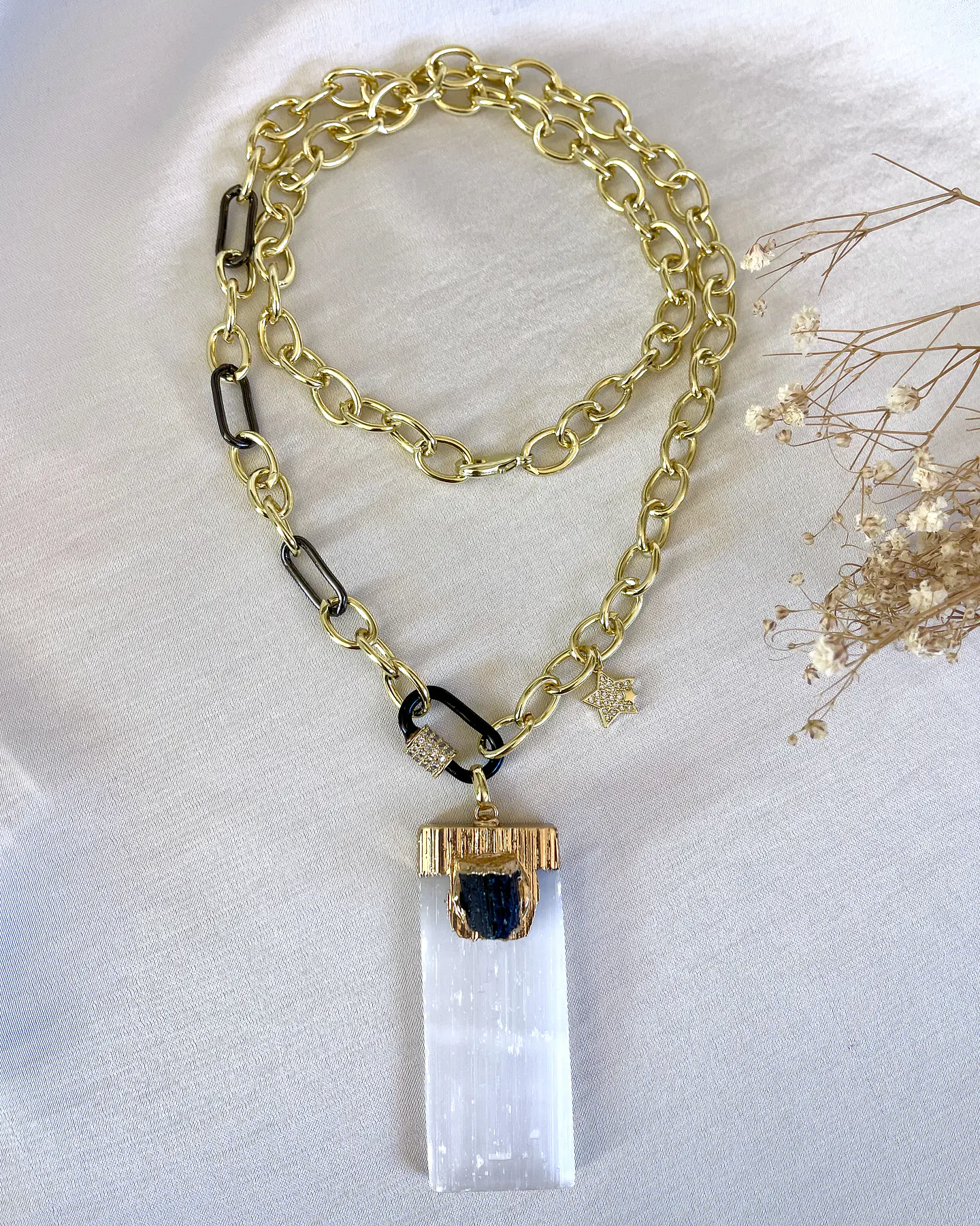 Collar Maxi Colgante Turmalina y Cristal Lunar Gold  11