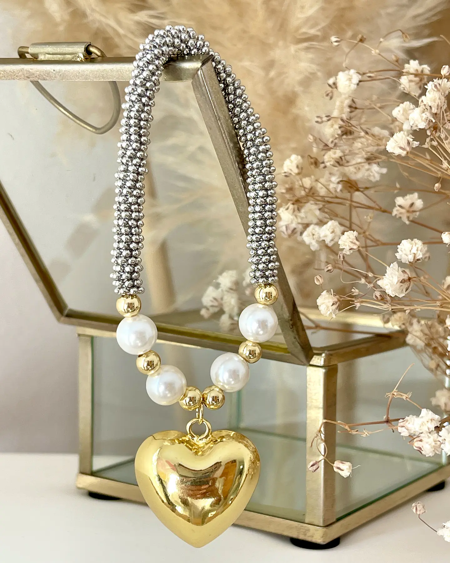 Pulsera Corazón Inflado Perlas Silver Gold  1