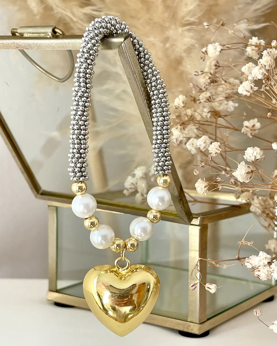 Pulsera Corazón Inflado Perlas Silver Gold  1