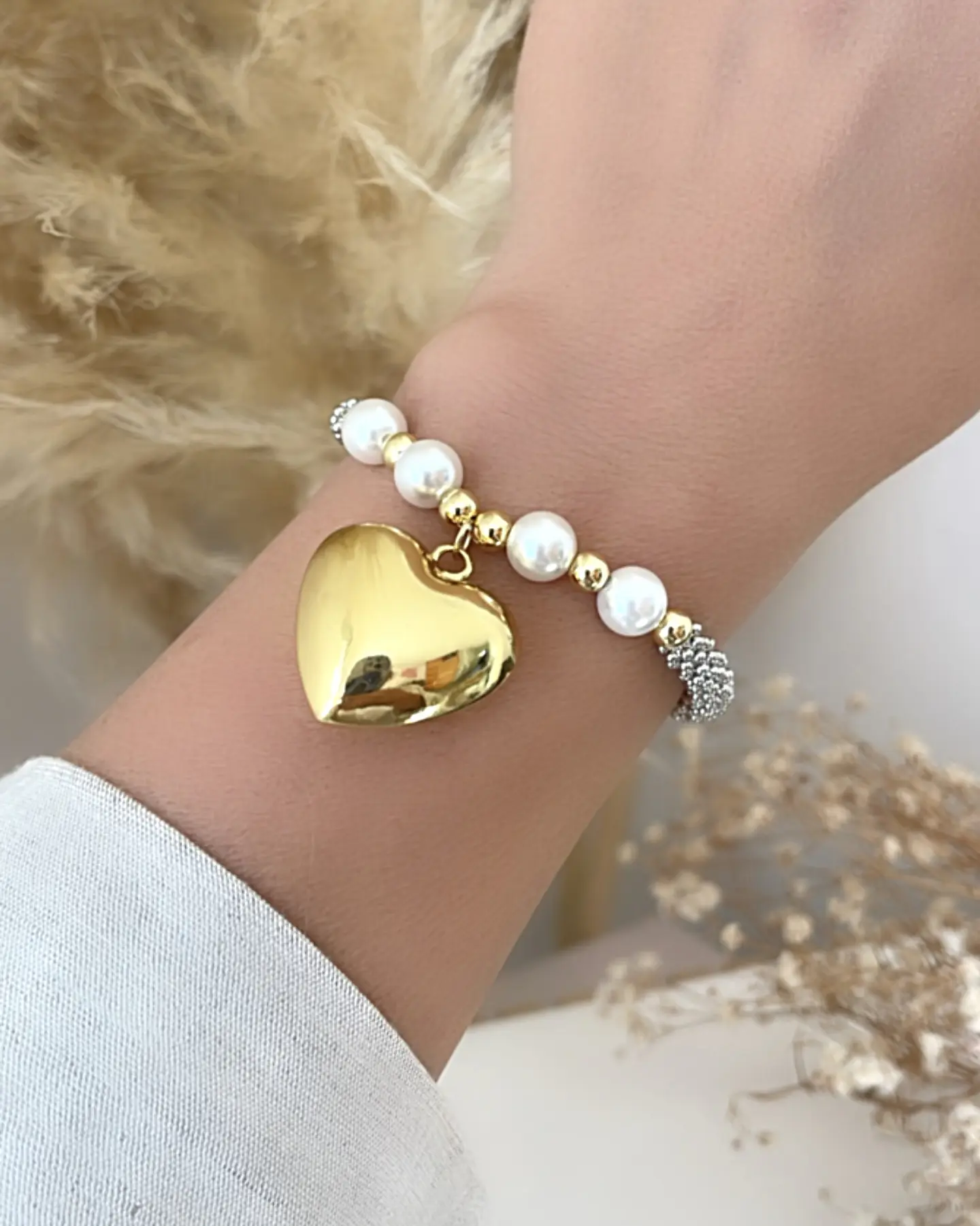 Pulsera Corazón Inflado Perlas Silver Gold  2
