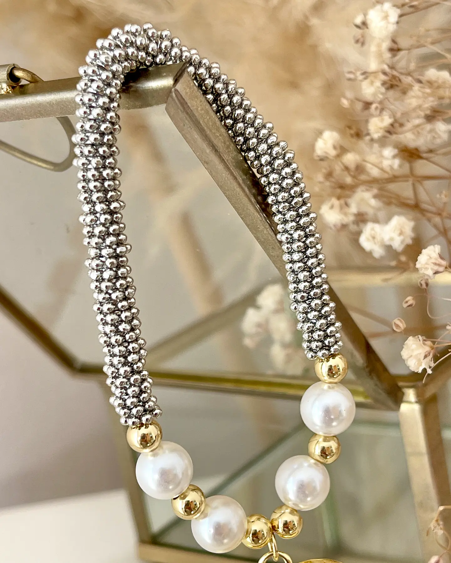 Pulsera Corazón Inflado Perlas Silver Gold  3