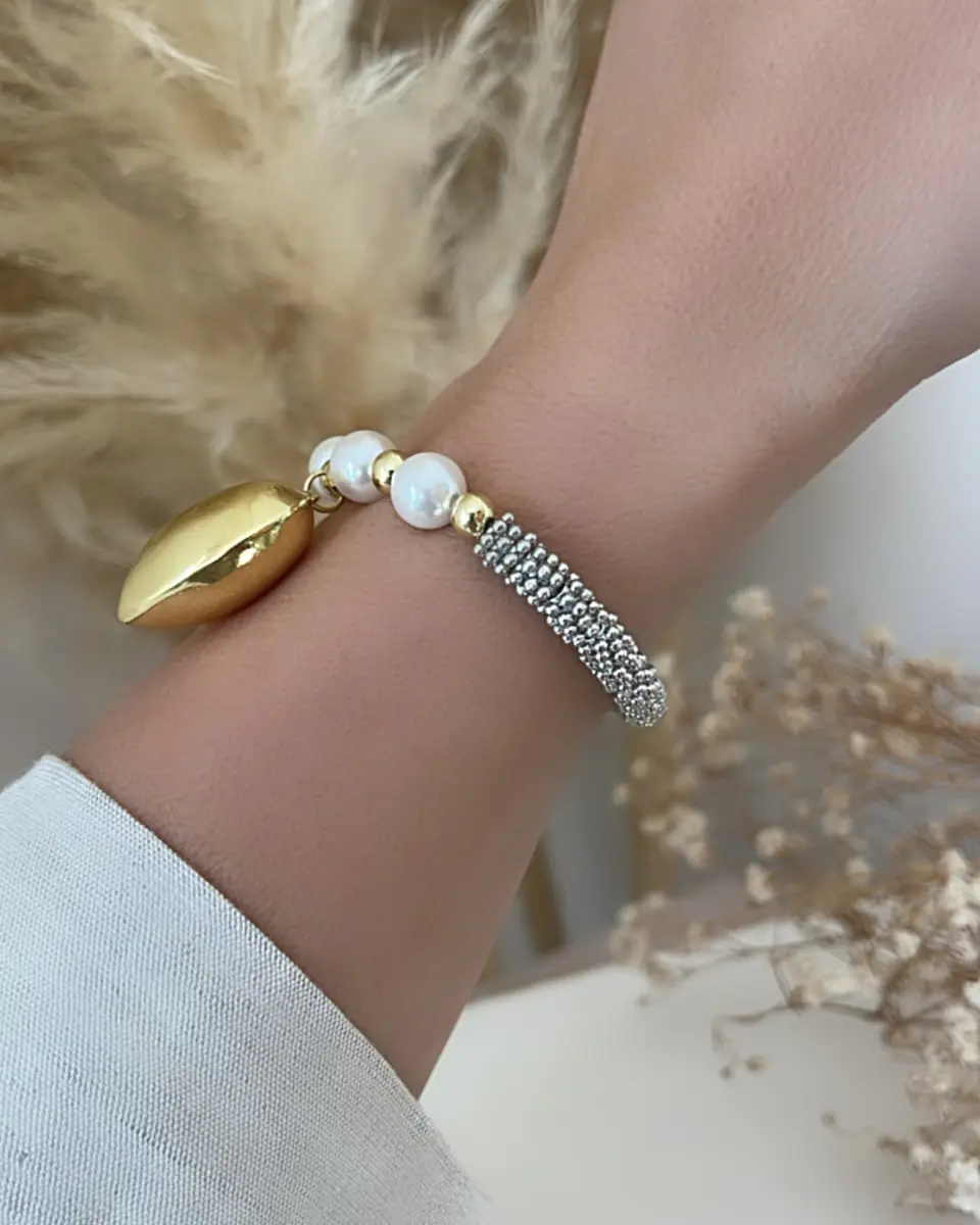 Pulsera Corazón Inflado Perlas Silver Gold  4