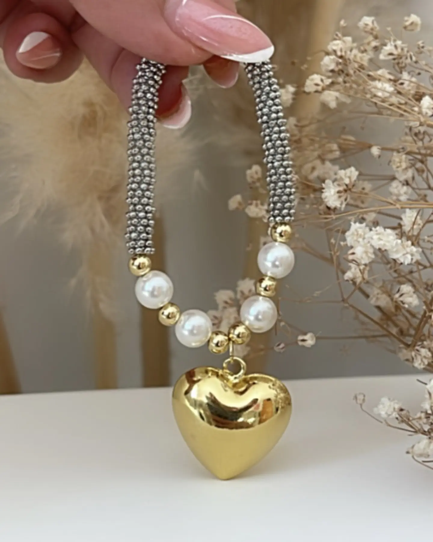 Pulsera Corazón Inflado Perlas Silver Gold  5