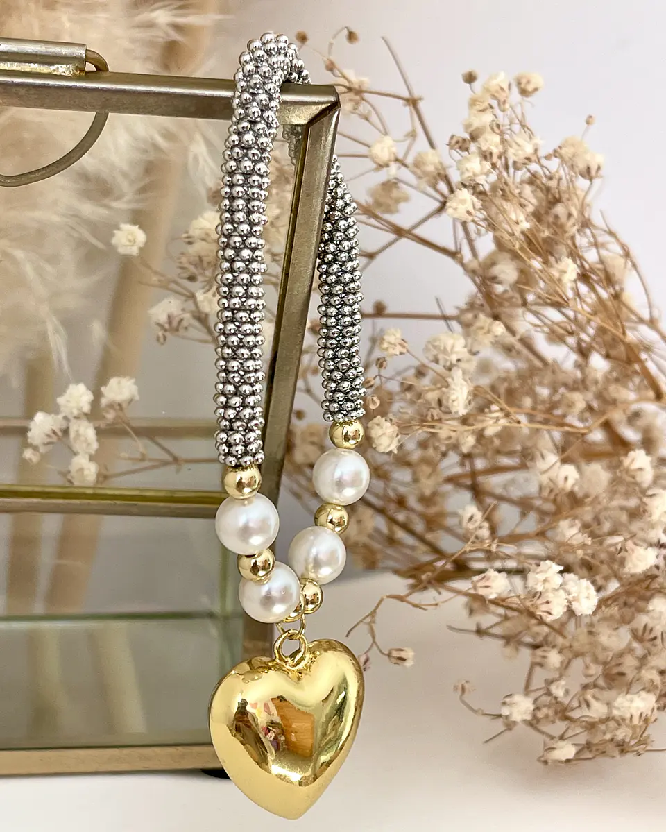 Pulsera Corazón Inflado Perlas Silver Gold  7