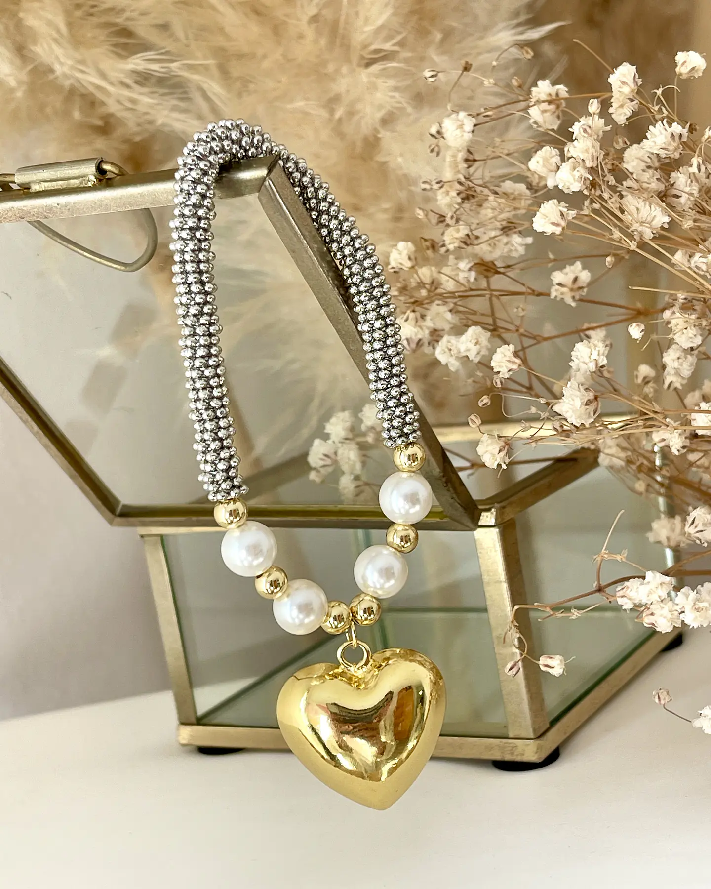 Pulsera Corazón Inflado Perlas Silver Gold  8