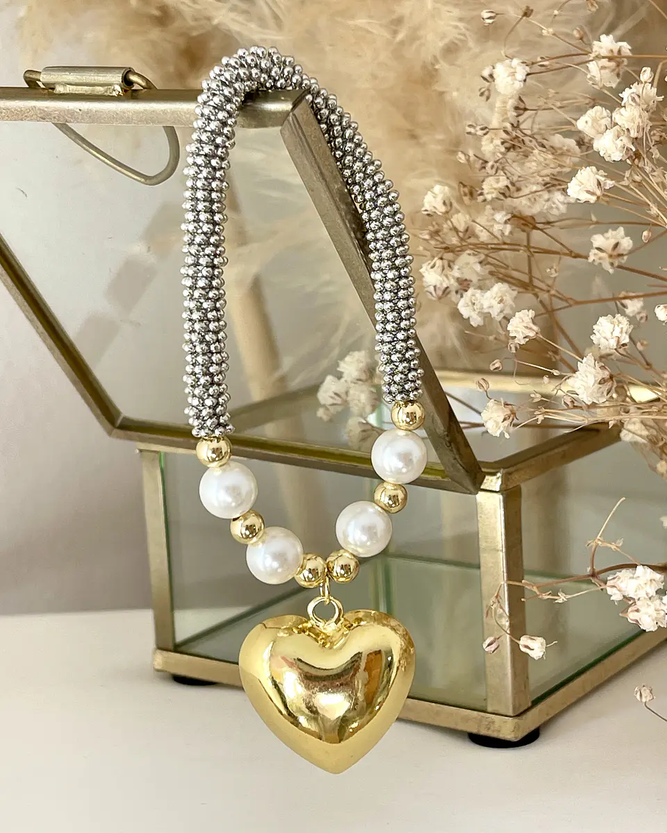Pulsera Corazón Inflado Perlas Silver Gold  6