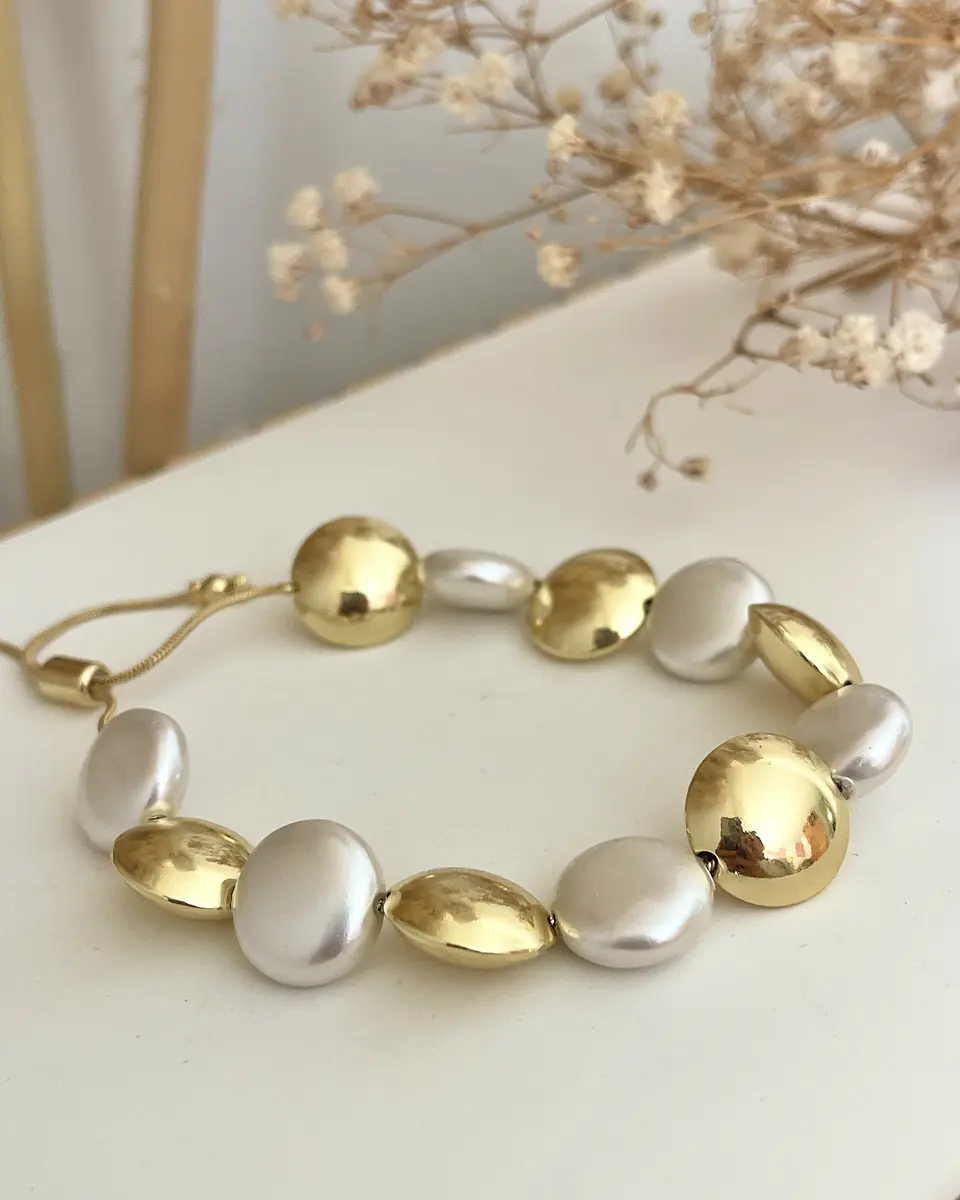 Pulsera Maxi Perlas y Balines Aplanados Gold 4