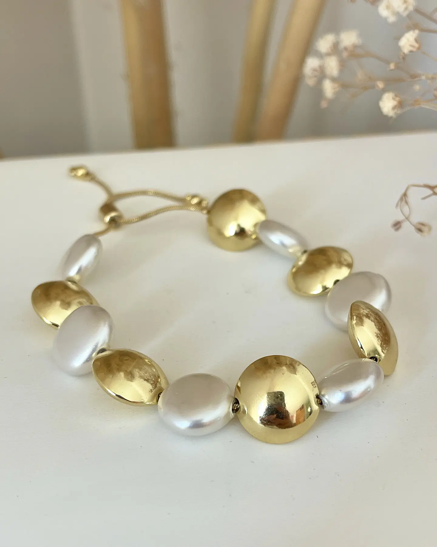 Pulsera Maxi Perlas y Balines Aplanados Gold 5