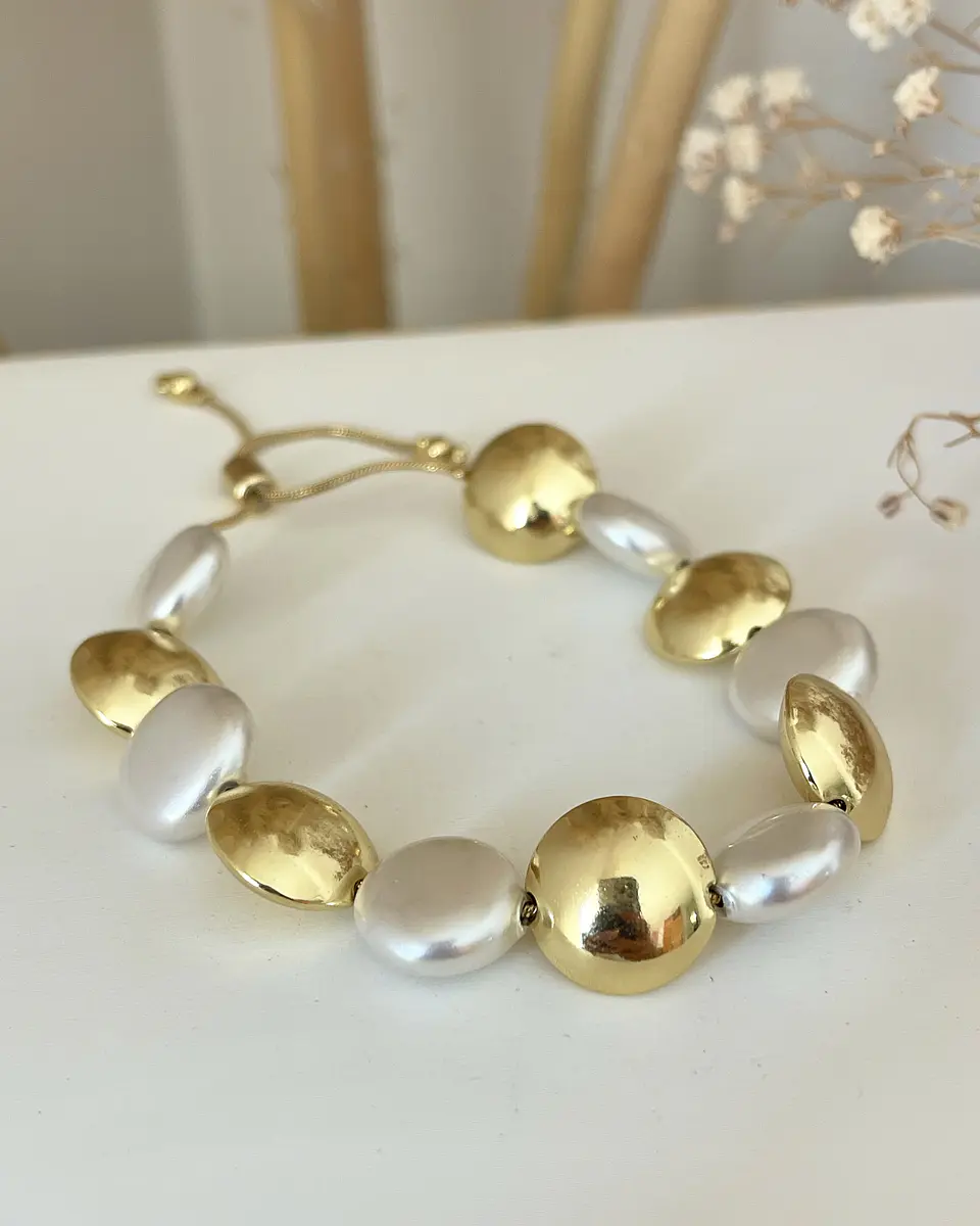Pulsera Maxi Perlas y Balines Aplanados Gold 5