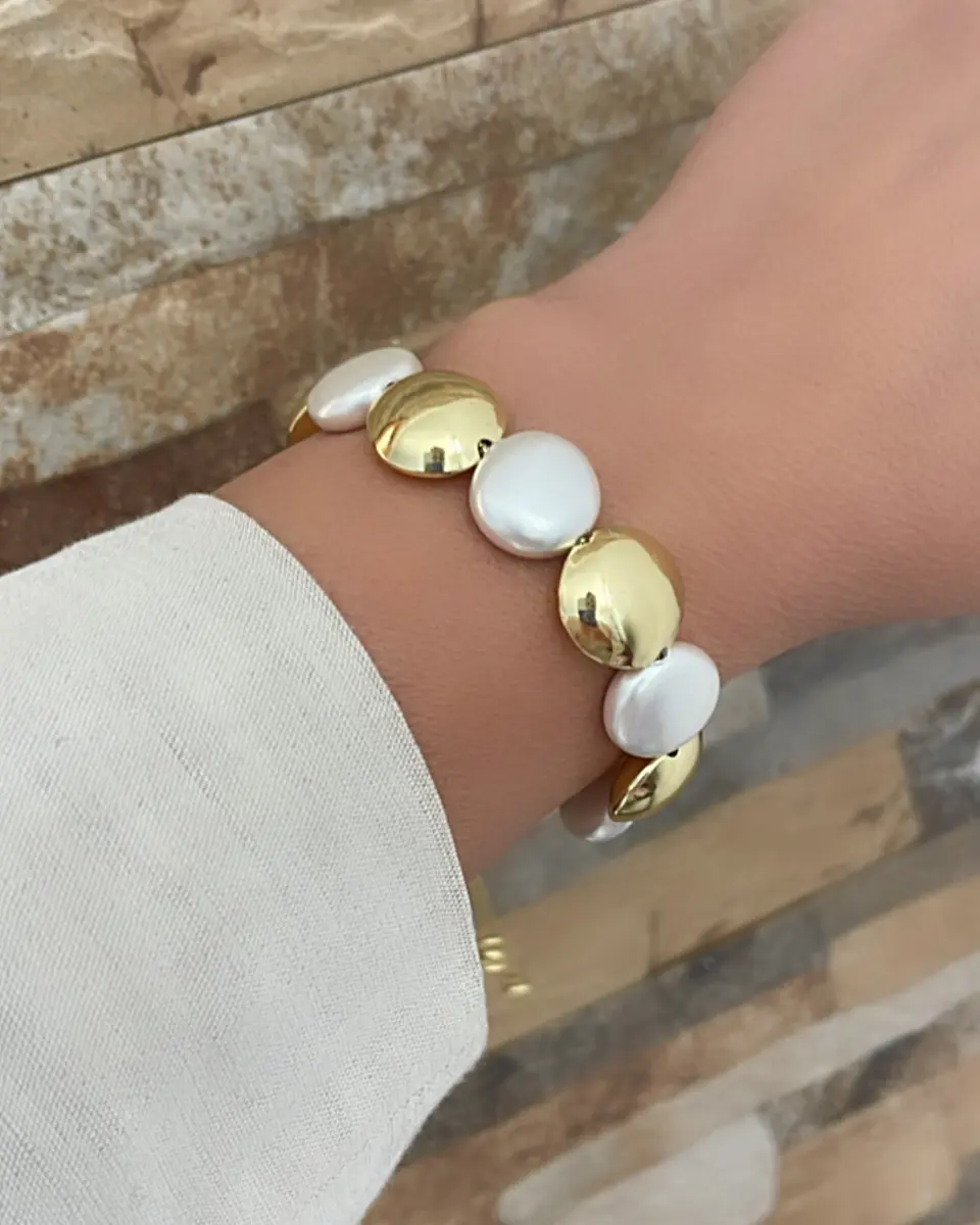 Pulsera Maxi Perlas y Balines Aplanados Gold 1