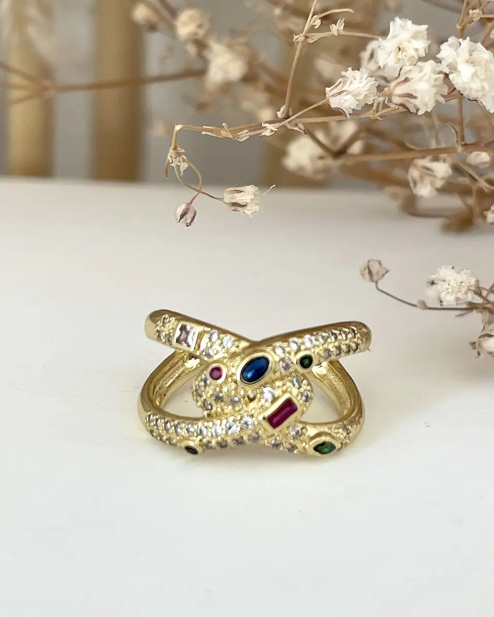 Anillo Entrelazado Cristales colores Gold 1