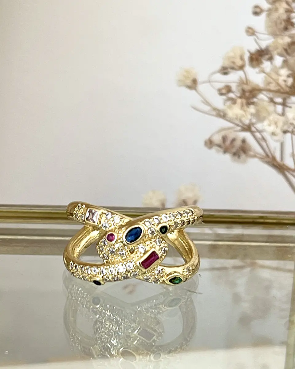 Anillo Entrelazado Cristales colores Gold 2