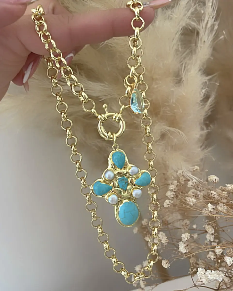 Collar Cruz Turquesa Perlas cristal Gold 1