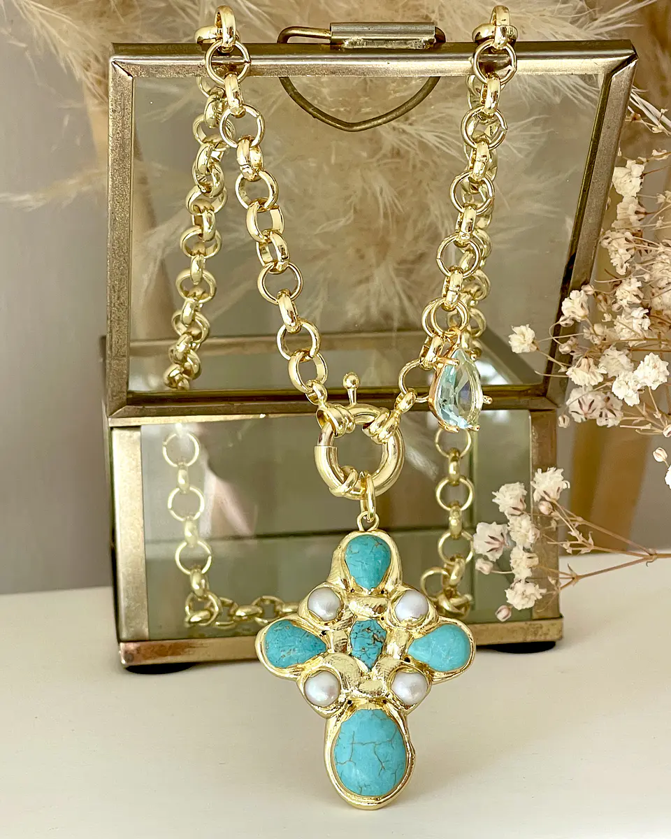 Collar Cruz Turquesa Perlas cristal Gold 5