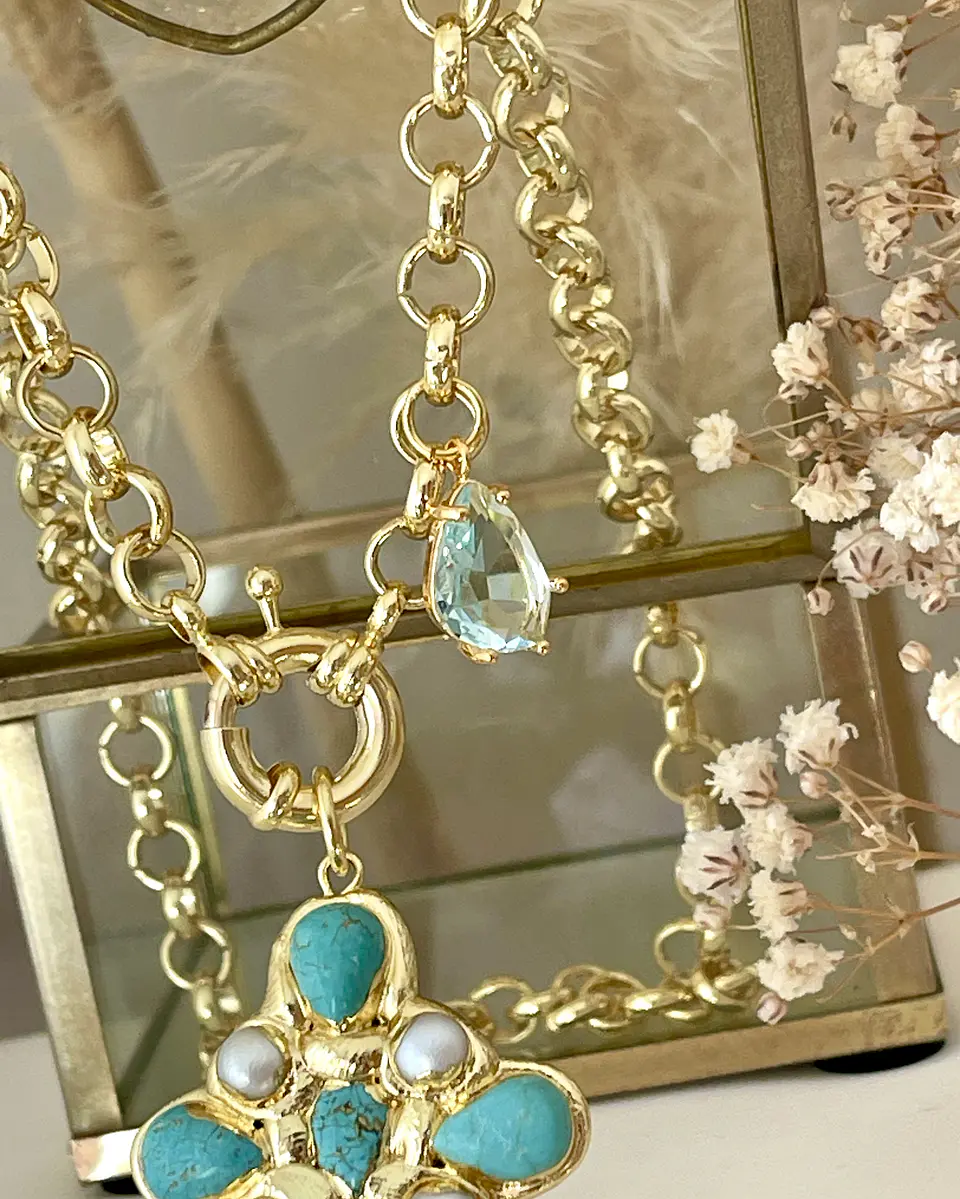Collar Cruz Turquesa Perlas cristal Gold 4
