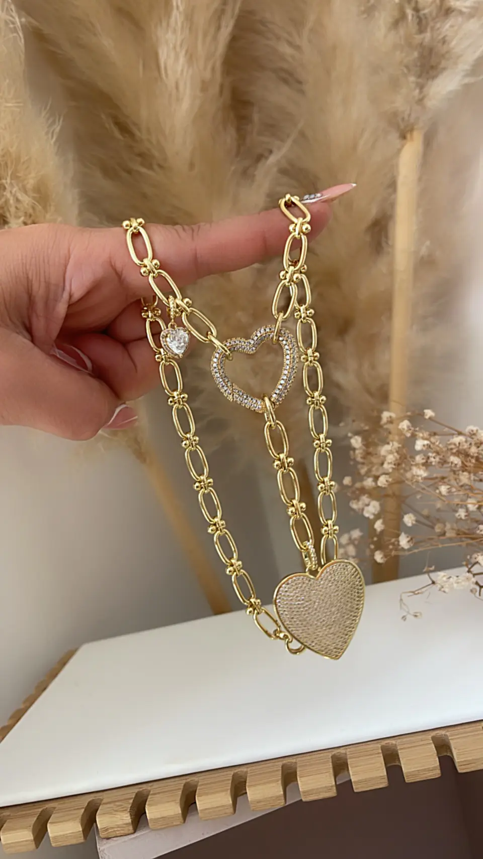 Collar Trío Corazones Circones Gold  2