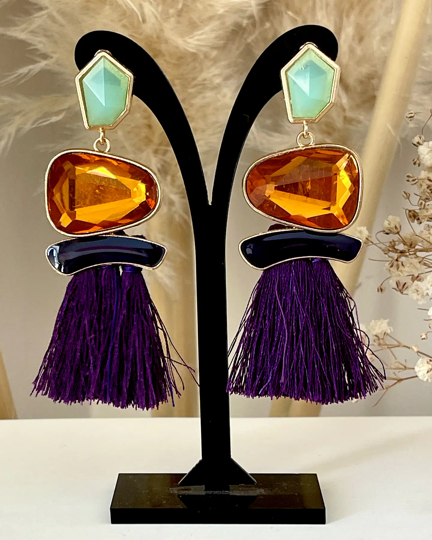 Maxi Aros Flecos y Cristales Ámbar y Morado Gold 1