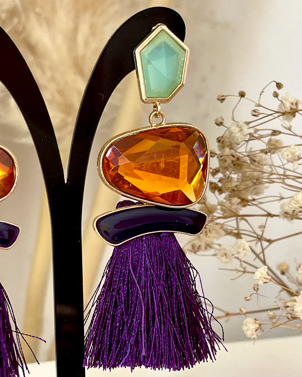 Maxi Aros Flecos y Cristales Ámbar y Morado Gold 4