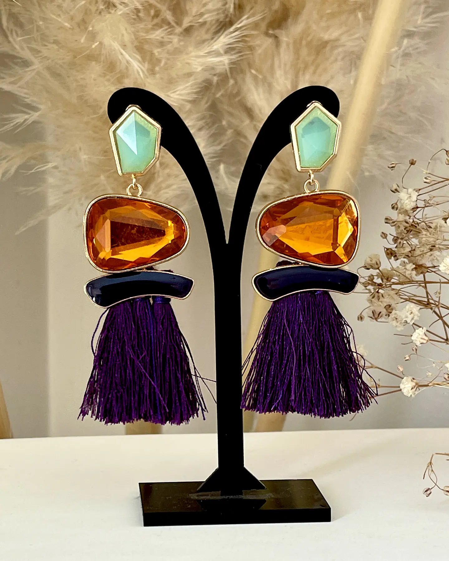 Maxi Aros Flecos y Cristales Ámbar y Morado Gold 6
