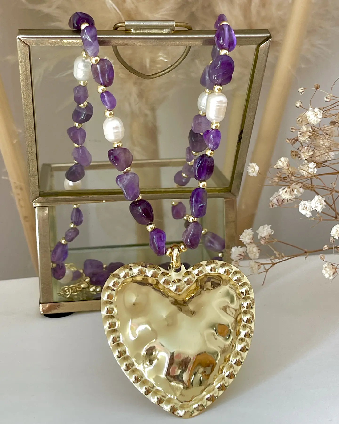 Collar Maxi Corazon Amatistas Perlas de Río Gold 1