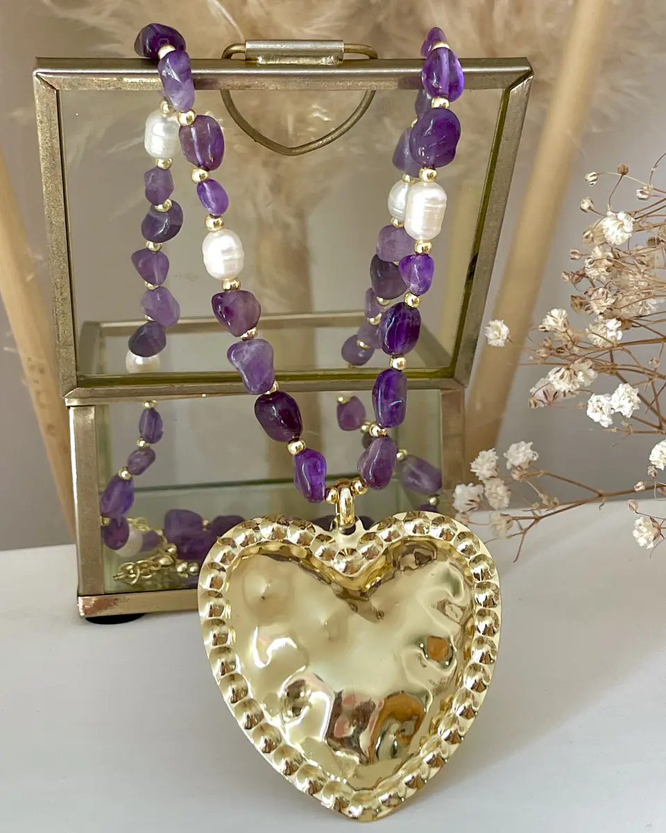 Collar Maxi Corazon Amatistas Perlas de Río Gold 1