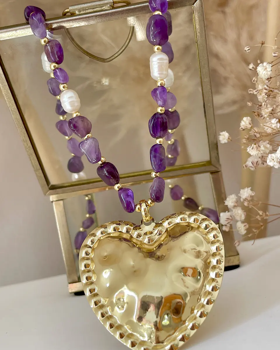 Collar Maxi Corazon Amatistas Perlas de Río Gold 2