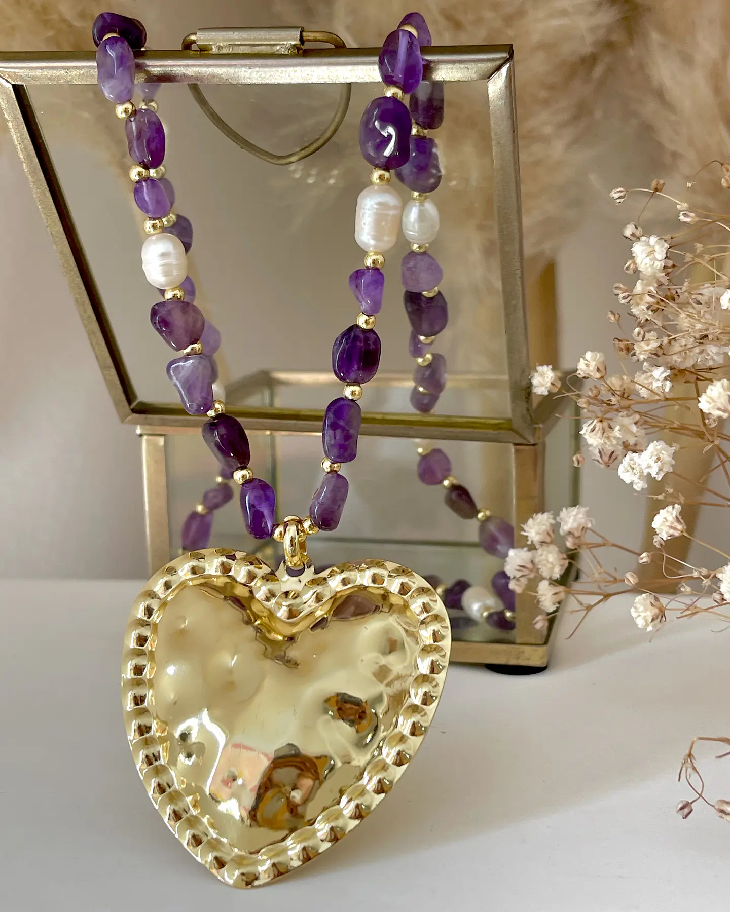 Collar Maxi Corazon Amatistas Perlas de Río Gold 4