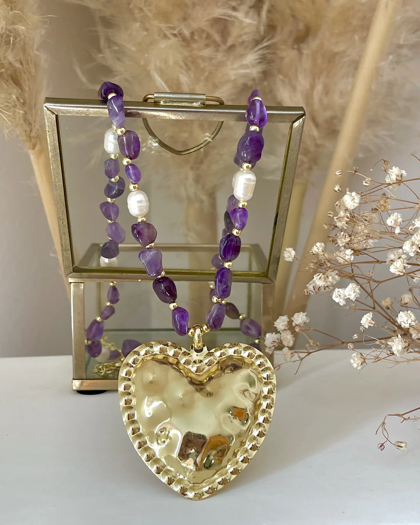 Collar Maxi Corazon Amatistas Perlas de Río Gold 6