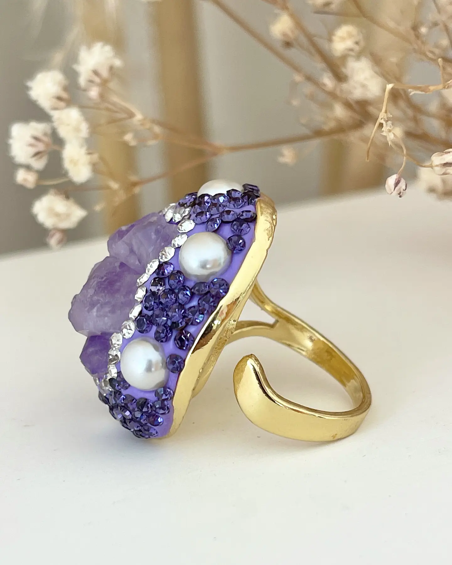 Maxi Anillo Amatistas Drusa Perlas Cristales Gold  2