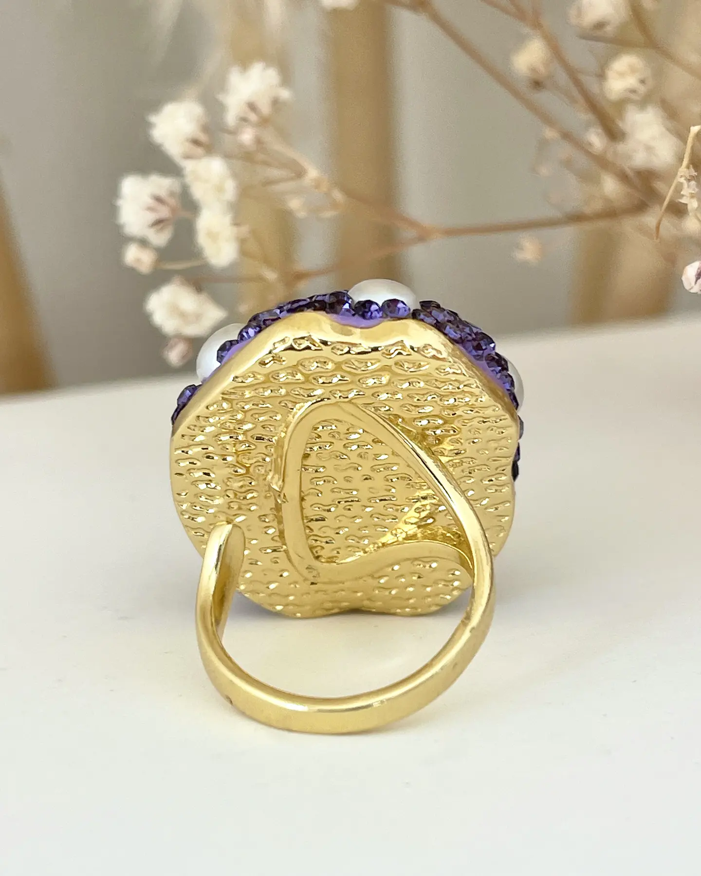 Maxi Anillo Amatistas Drusa Perlas Cristales Gold  3