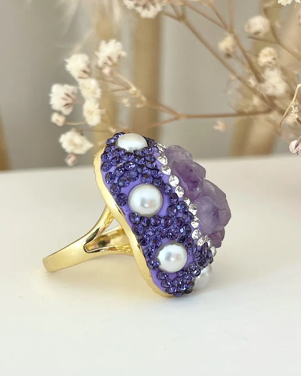 Maxi Anillo Amatistas Drusa Perlas Cristales Gold  4
