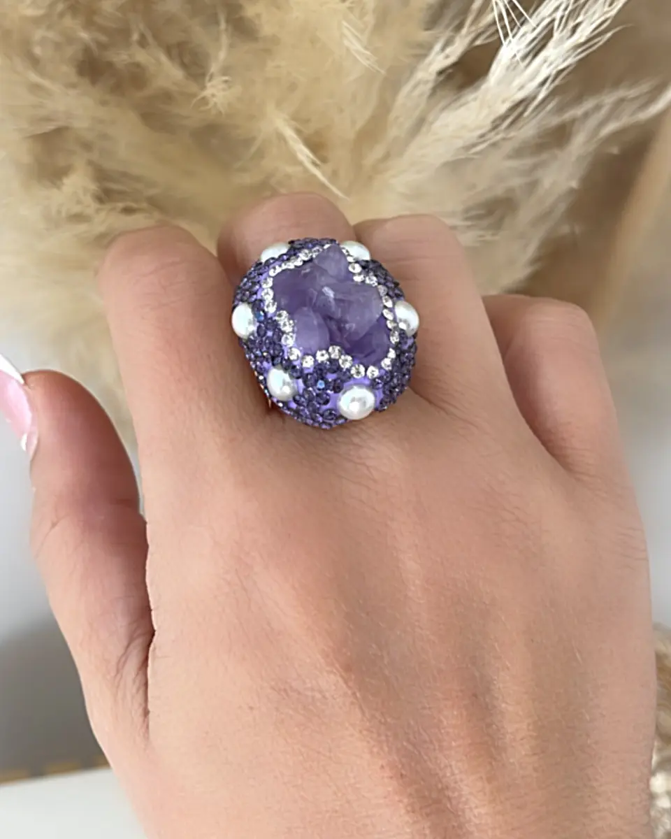 Maxi Anillo Amatistas Drusa Perlas Cristales Gold  5