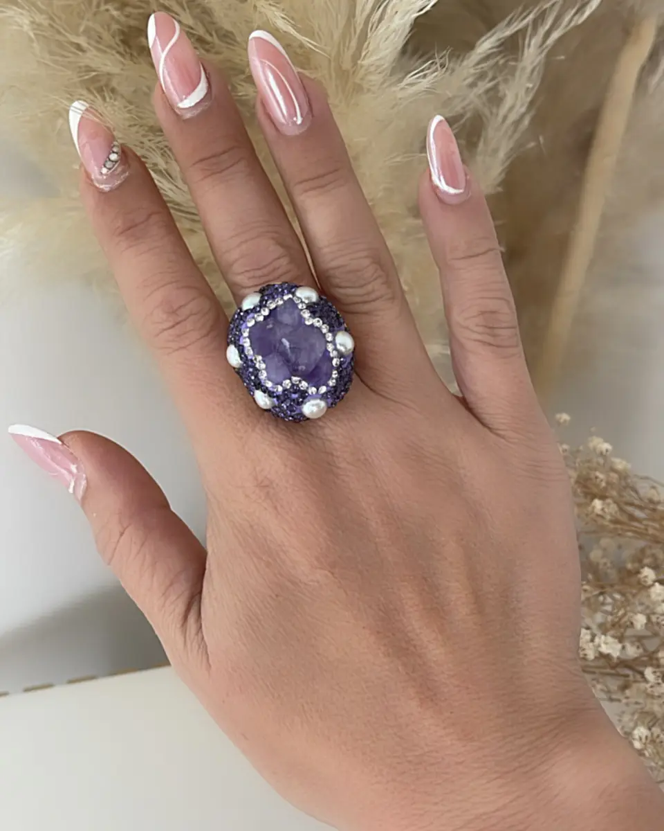 Maxi Anillo Amatistas Drusa Perlas Cristales Gold  6
