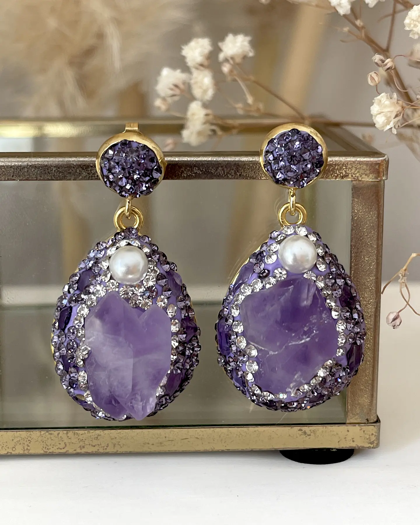 Aros Amatistas Drusa Perlas Cristales Gold  1