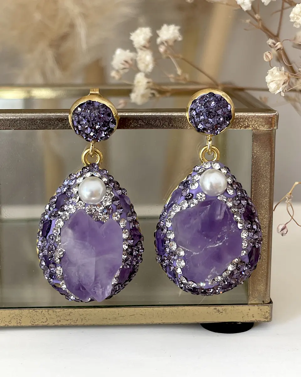 Aros Amatistas Drusa Perlas Cristales Gold  1
