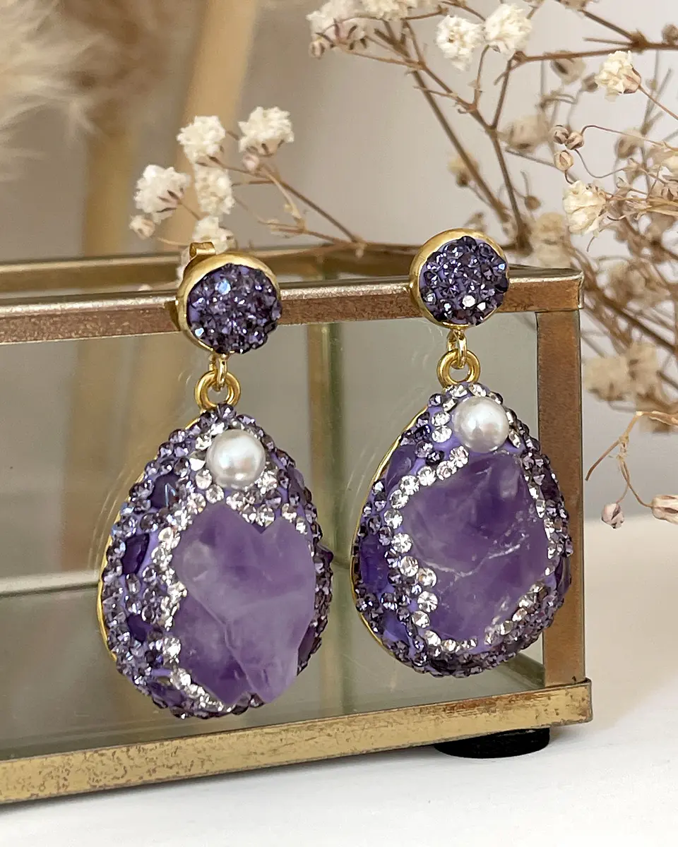 Aros Amatistas Drusa Perlas Cristales Gold  2