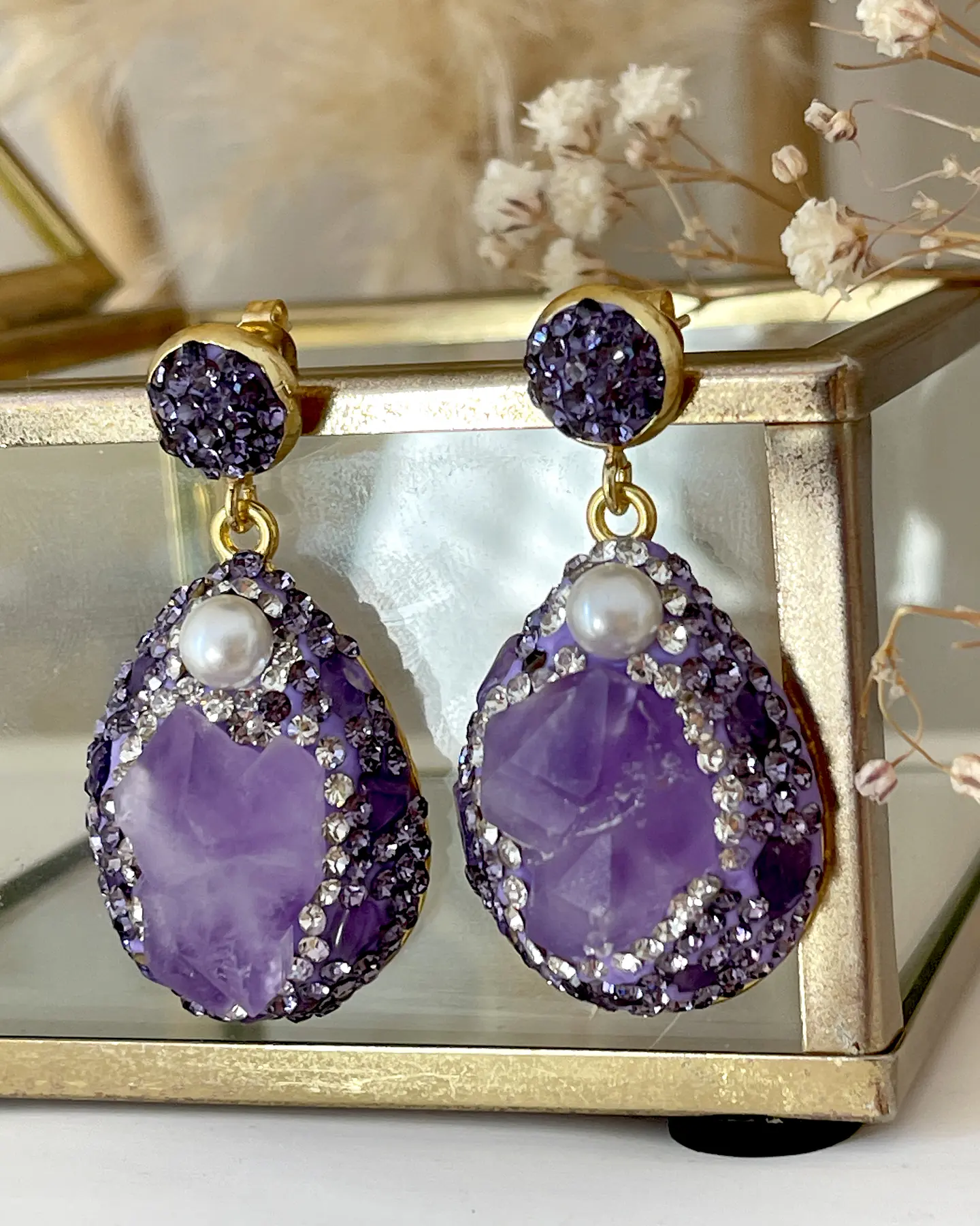 Aros Amatistas Drusa Perlas Cristales Gold  3