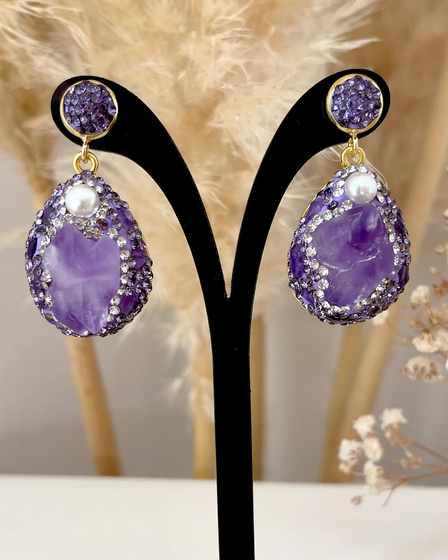 Aros Amatistas Drusa Perlas Cristales Gold  4
